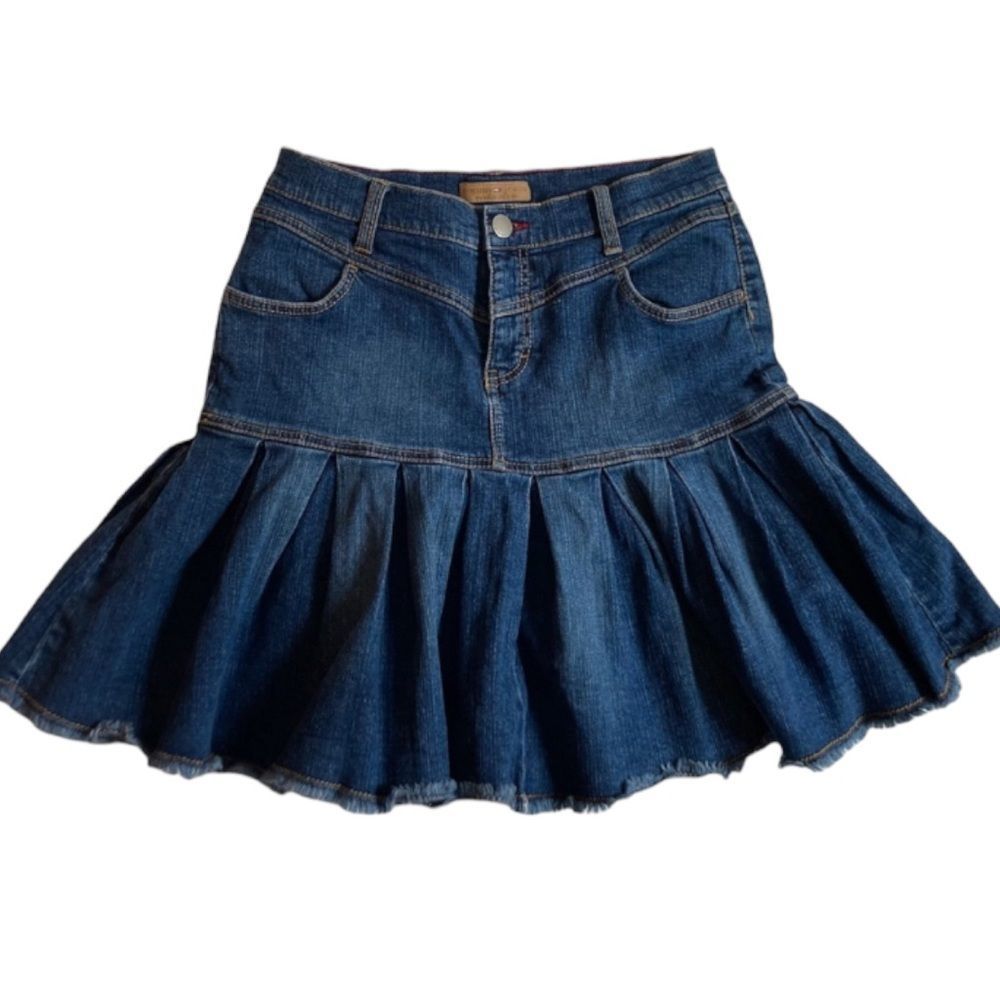 Tommy Hilfiger Denim Dark Wash Skirt Ruffle Unfinished Hem Distressed Large 13